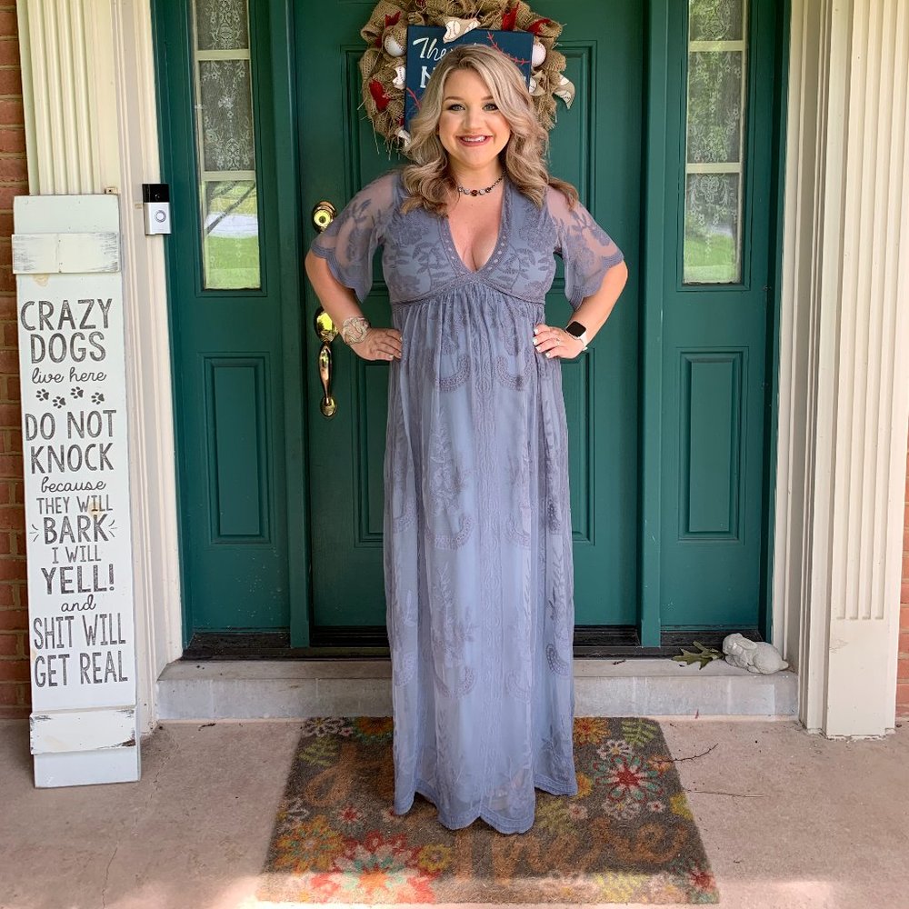 PinkBlush Blue Lace Mesh Overlay Maternity Maxi Dress